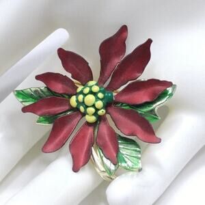 Vintage Red Poinsettia Flower Brooch, Yellow Center, 1950s Vintage Jewelry